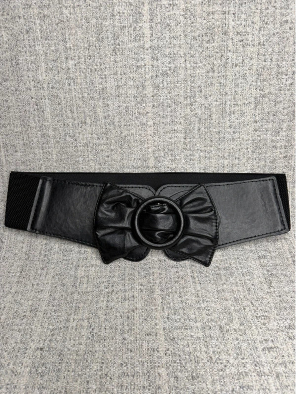 Auth VTG 80s Black Wide Stretch Waist Belt Bow Round Buckle Music Video Vixen